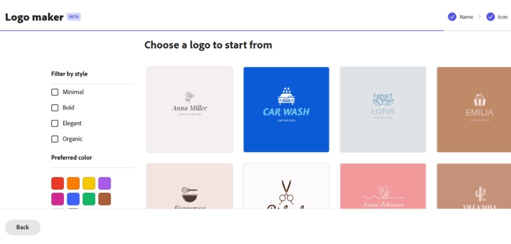 Screenshot from Logo.com Editor shows AI -Logo generator for the name Firststeguide with several modern logo variations and adaptation tools in the sidebar.