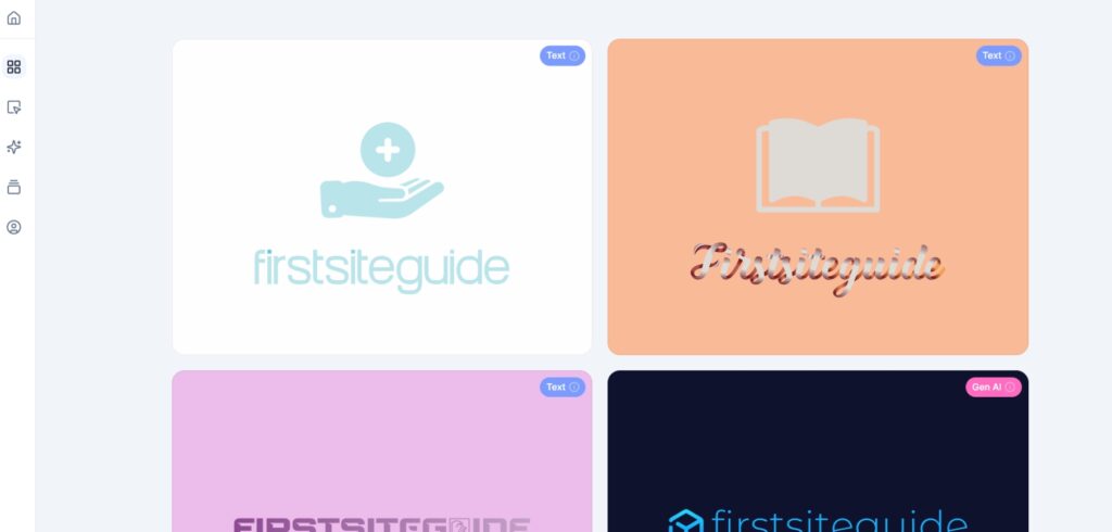 Screenshot from Brandmark.io Ai-Logo generator interface with several logo variations for the name riding guide, including modern symbols, text-based styles and color options for simple adjustment.