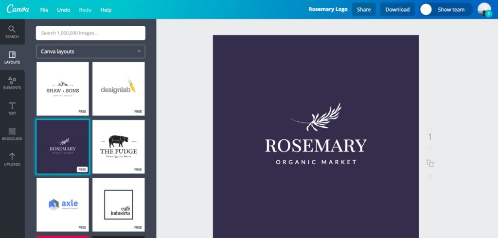 Screenshot from Canvas Logo Editor interface with AI -Logo generator -templates with the selected design 