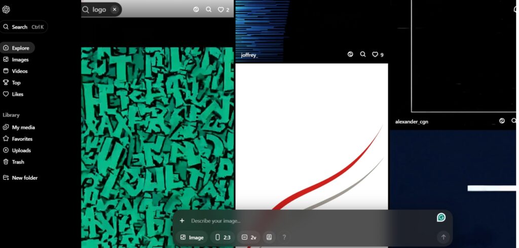 Screenshot from Chatgpt and Sora Interface Exploration of creative logo results that show and highlight the creative art of green typography and a minimalist red and gray-curved design of how Ai-logo generators can create unique visual concepts.