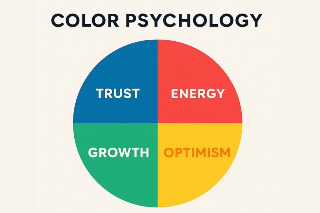 Color psychologierad with emotions that are bound with blue, red, green and yellow.