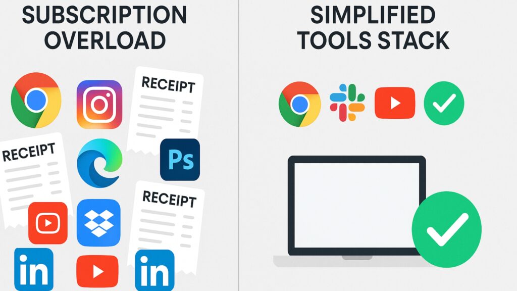 Comparison graphic showing subscription overload on the left and a simplified tool stack on the right to illustrate avoiding tool overwhelm and buying smart.