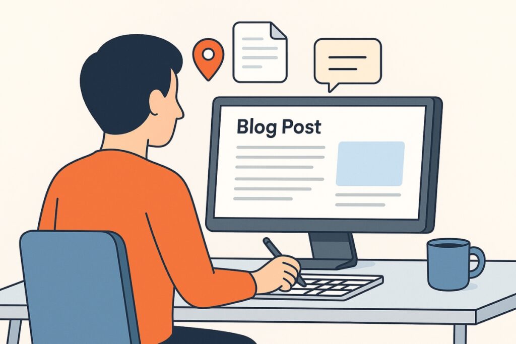Illustration of a blogger creating local content at a desk with floating icons of location pins, blog articles and chat bubbles.