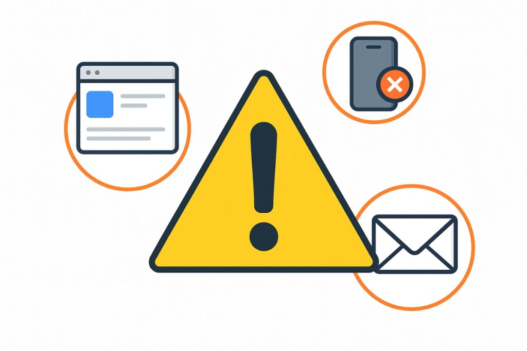 Illustration of a warning sign with small icons representing common mistakes: outdated profile, ignored cell phone, and missed email follow-ups.