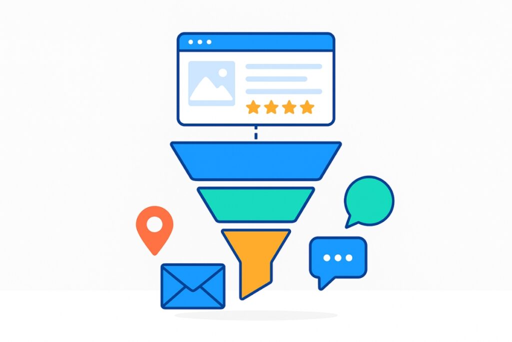 Illustration of a digital lead funnel showing a landing page at the top limited to email and SMS icons at the bottom.