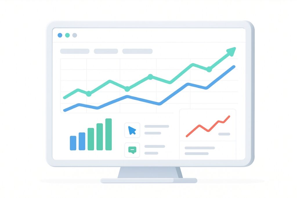 Illustration of a modern analytics dashboard screen displaying upward graph lines, bar charts and local engagement metrics.