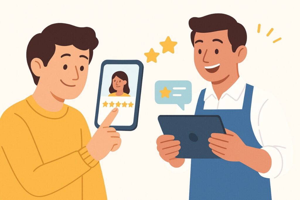 Illustration of a smiling customer leaving a five-star review on a mobile phone while a business owner checks positive feedback on a tablet.
