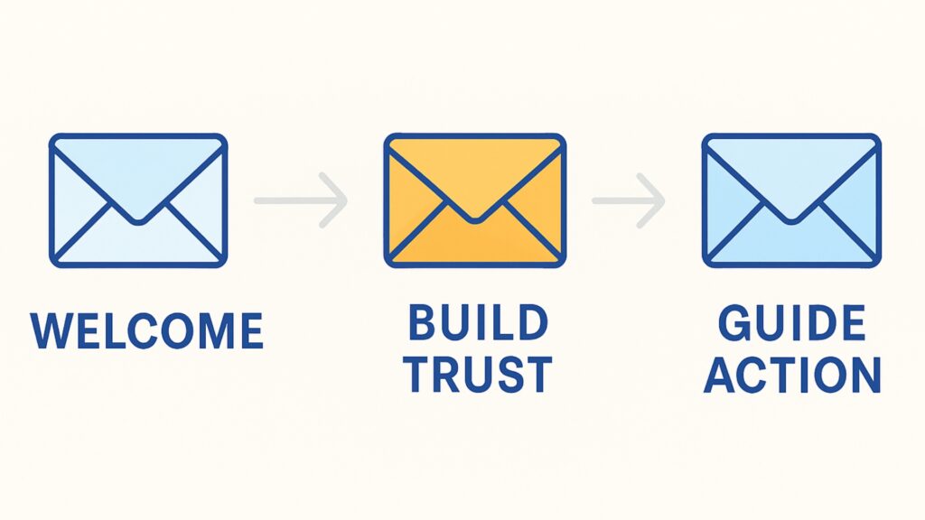 Illustration of an automated greeting -E -e -mail sequence that leads new subscribers to conversion.