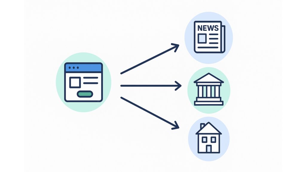 Local backlink strategy illustration with community website, newspapers and chambers of commerce that link to a company page.