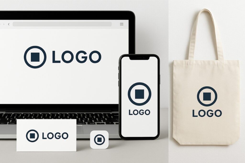Logo variations that are displayed on business cards, mockups and social media icons.