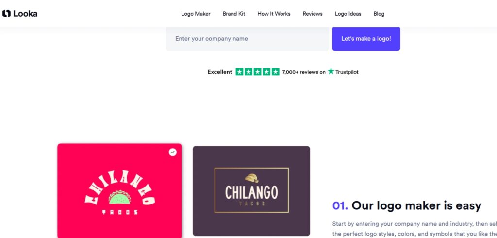 Screenshot from Lookas Ai-Logo generator interface with examples of the Taco shop logo with a input field to enter a company name and a call-to-action button for creating logos.