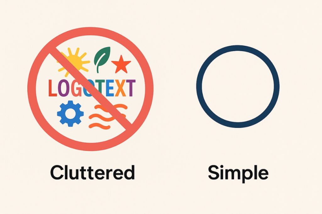 Over comprised logo that is overcrowded with colors compared to a clean and simple design.