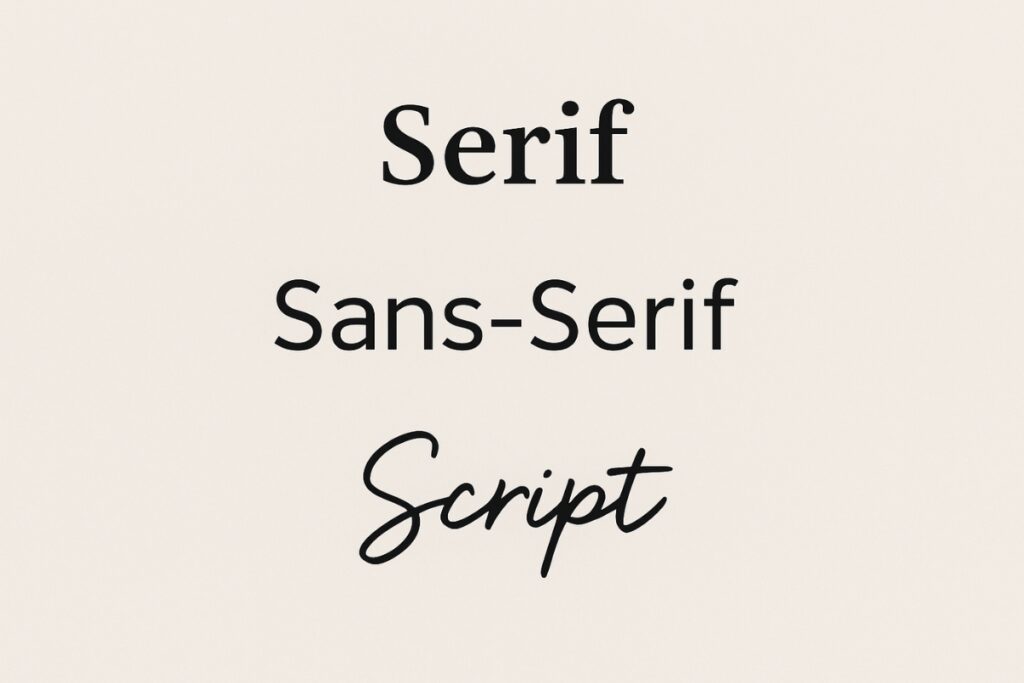 Typography examples for comparison of serif, sans serif and script fonts for logo design.