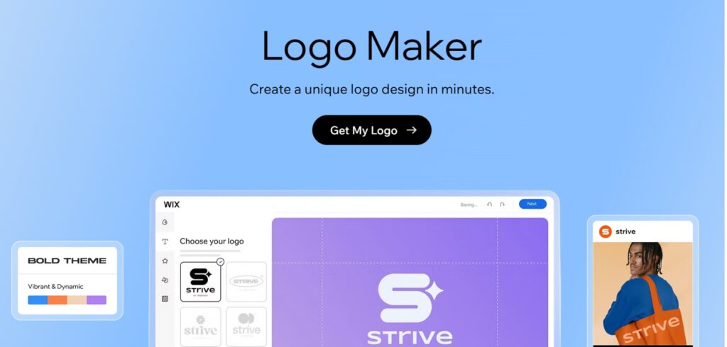 Screenshot of the Wix -Logo manufacturer with the AI ​​-Logo -Generator interface with adjustment options, a purple strut to -logo -Design -preview and branding mockups for goods and digital use.