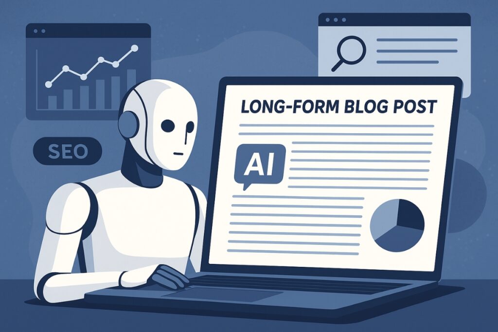 AI assistant generating long-form SEO blog posts for content creators.