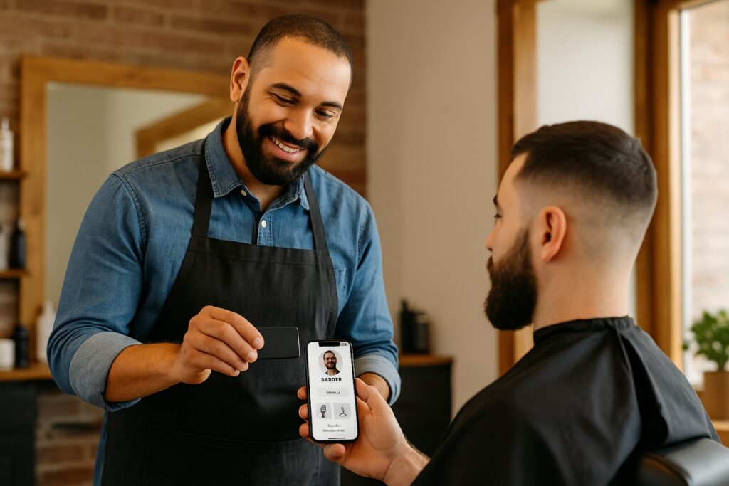 Here's how to create a digital business card that actually converts Hair salon owner shares digital business card with a customer via NFC