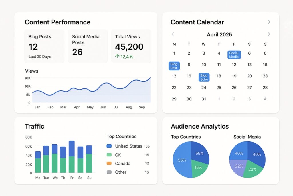 Dashboard showing blog and social media analytics using Metricool.