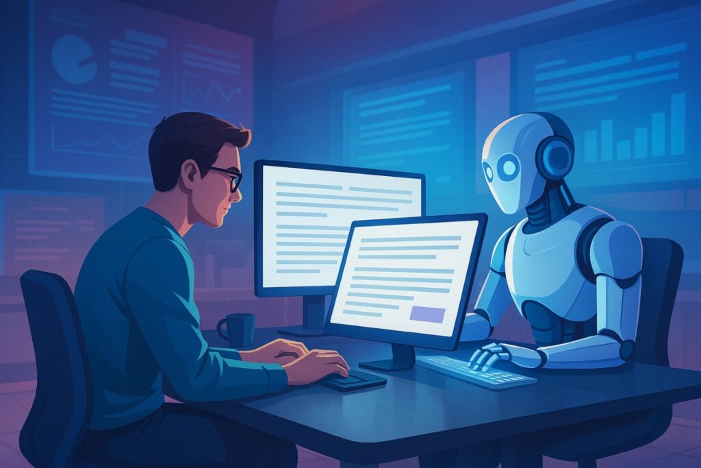 AI vs. Human Authors: Can Data Prove Who Will Win in 2025? Illustration of future content creation through collaboration between AI and humans