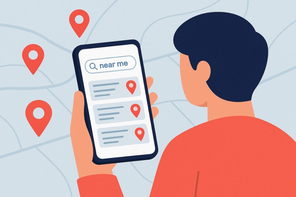 Illustration of user searching for local services on a smartphone.
