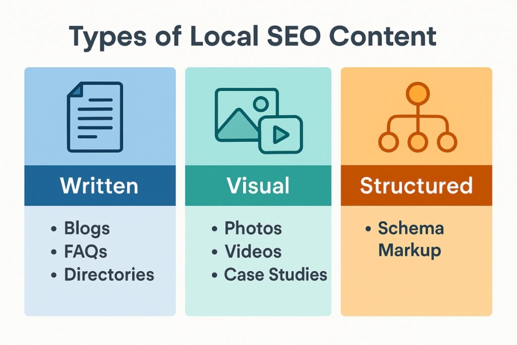 Infographic illustrating written, visual, and structured types of local SEO content.