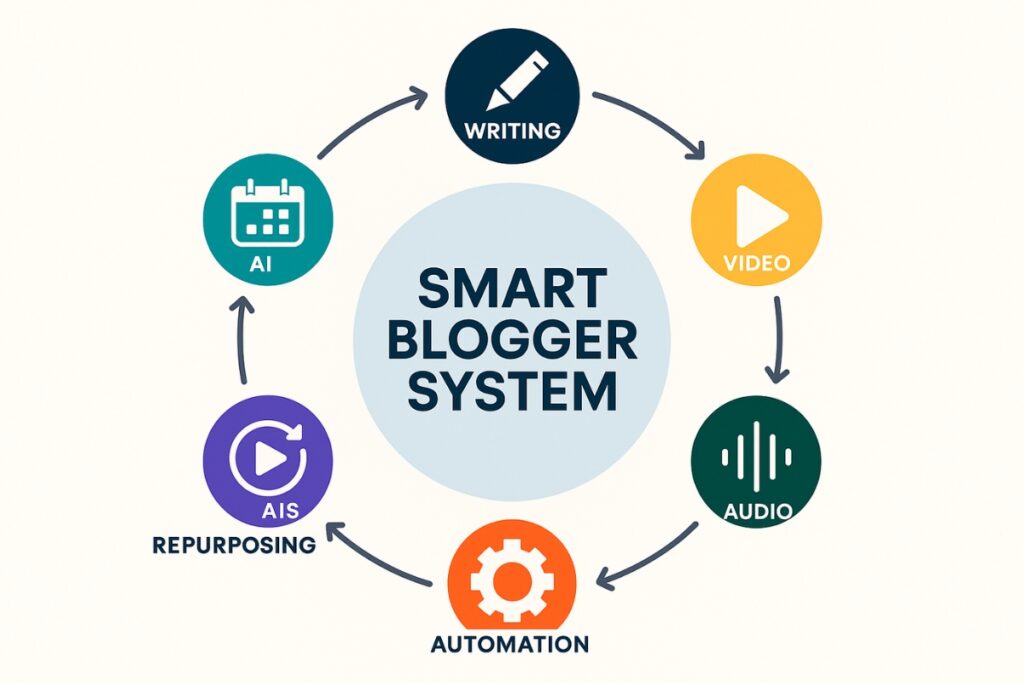 Infographic showing interconnected AI tools for bloggers writing, video, voice, analytics, and automation.