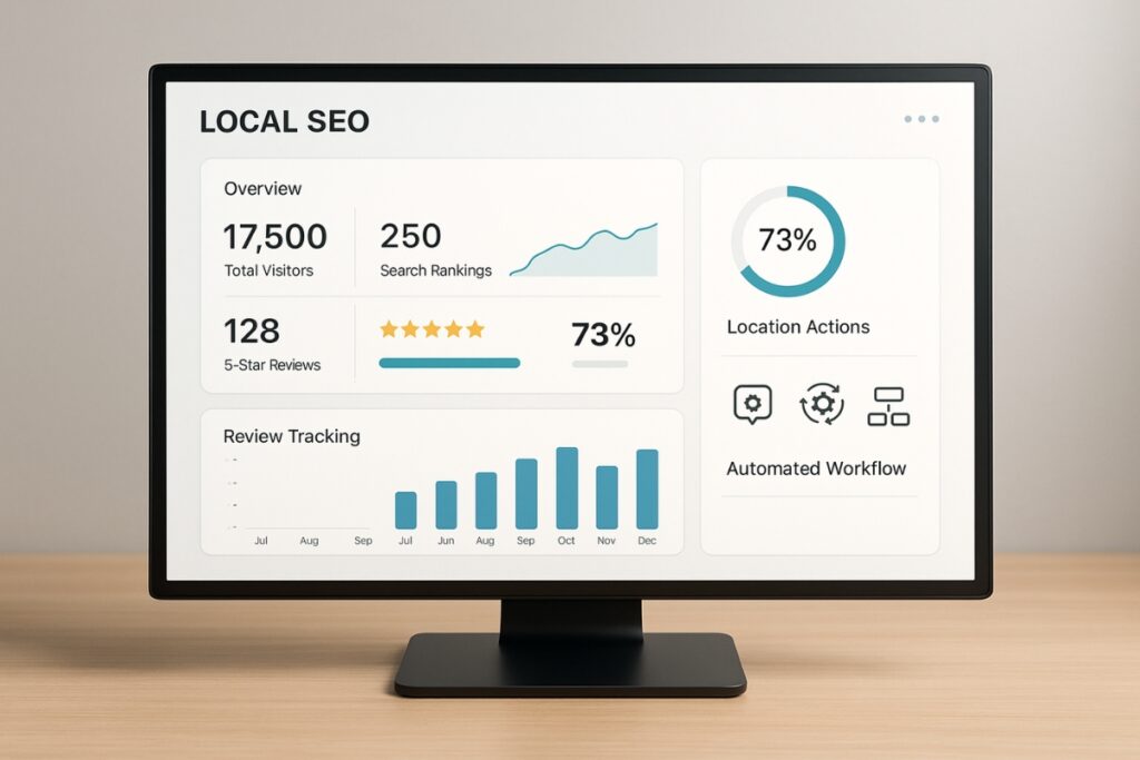 Local SEO for eCommerce stores made easy Local SEO automation tools dashboard with analytics and workflows