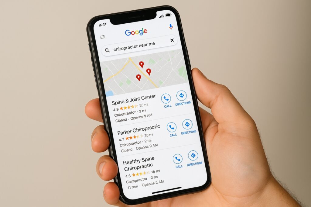Person searching for chiropractor near me on Google Maps with local clinics appearing in results.
