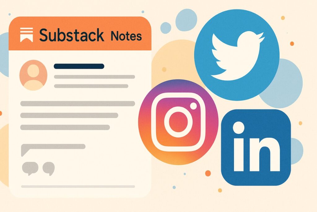 Substack notes feed and social media icons symbolize newsletter growth