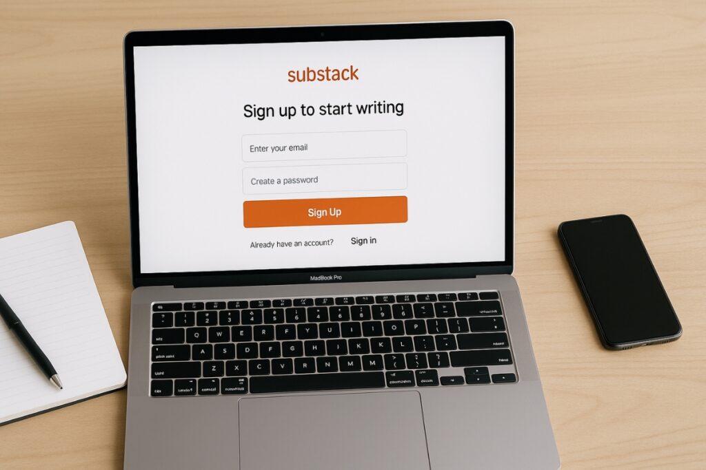 User signing up for Substack on a laptop to start a newsletter