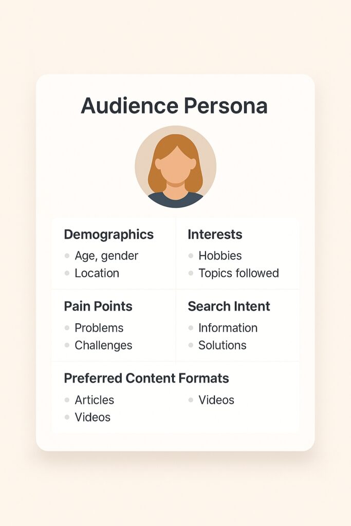 Content Strategy vs. Content Marketing: Key Differences Audience persona profile card with demographics, interests, pain points, search intent, and preferred content formats in a clean, modern layout.