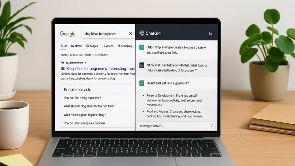 Laptop screen showing Google Search results and People Also Ask questions for blog research.