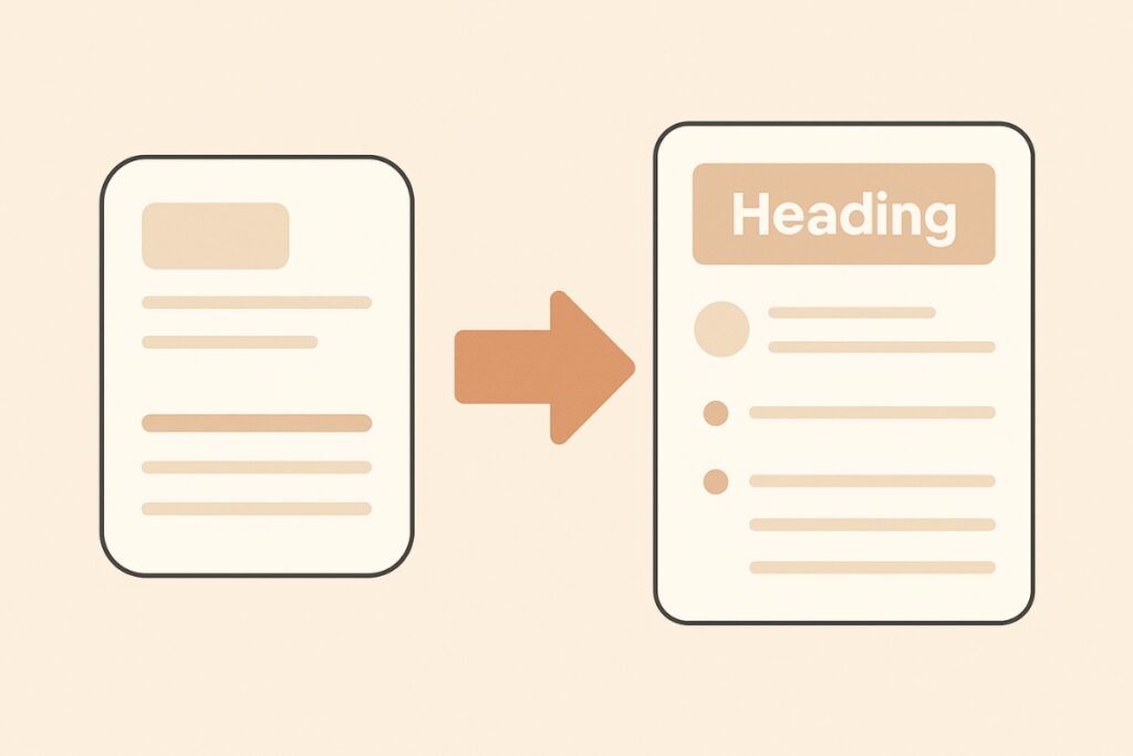 Here's how to easily repurpose blog content for Substack Concept illustration for converting an occasional newsletter into a structured blog article with headings.