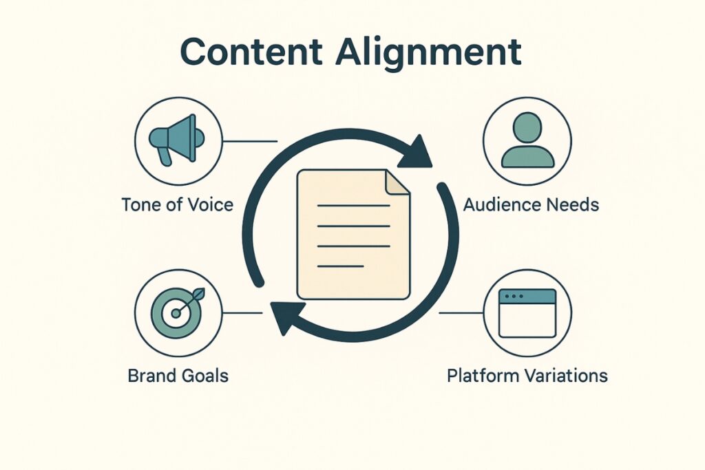Content Strategy vs. Content Marketing: Key Differences Content alignment mapping that shows the tone of voice, audience needs, brand goals, and platform variations that influence the content creation process.