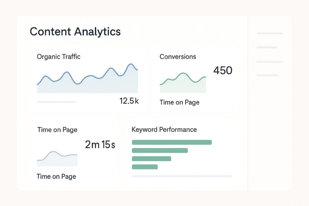 Content Strategy vs. Content Marketing: Key Differences Representation of the content analytics dashboard showing organic traffic, conversions, time on page, and keyword performance in a modern, minimalist interface.