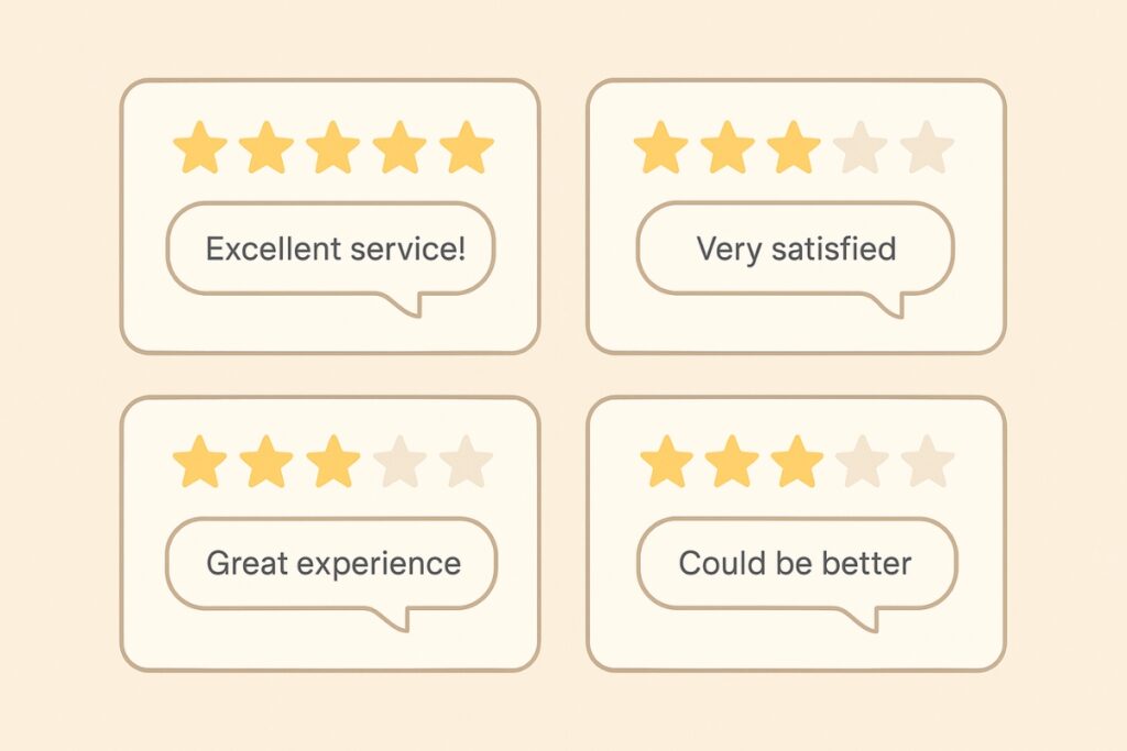 Customer rating cards with star ratings and feedback used for competitor analysis.