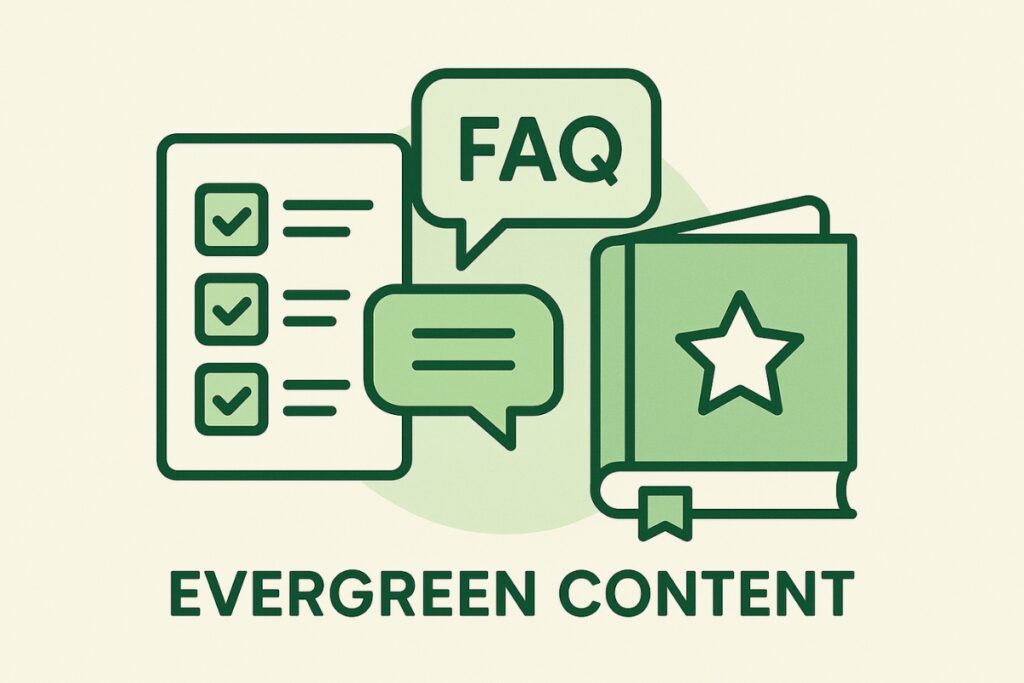 Here's how to easily repurpose blog content for Substack Evergreen content illustration with icons for guides, FAQs and list posts.