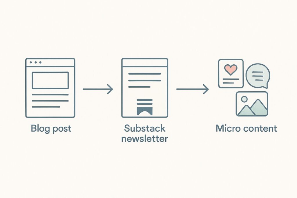 Here's how to easily repurpose blog content for Substack Flowchart showing content repurposing from blog post to Substack to micro content.
