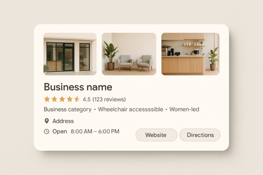 Example of a generic Google business profile entry with reviews and photos.