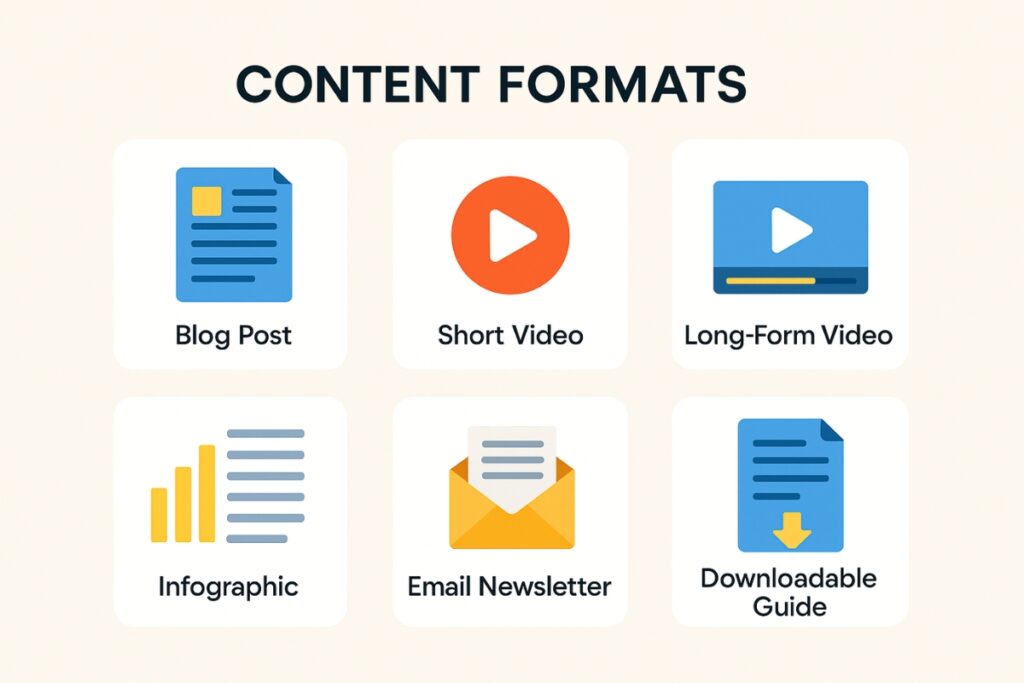 Content Strategy vs. Content Marketing: Key Differences Grid layout of content formats with icons for blog posts, short videos, long videos, infographics, email newsletters and downloadable guides.
