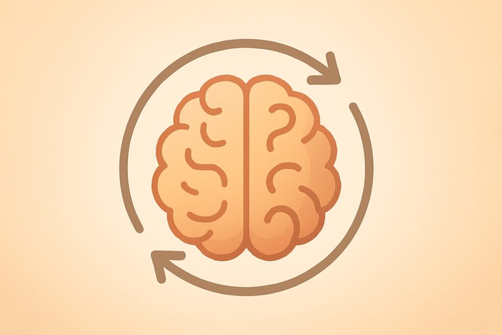 Illustration of repetitive mental loops with circular arrows around a brain.