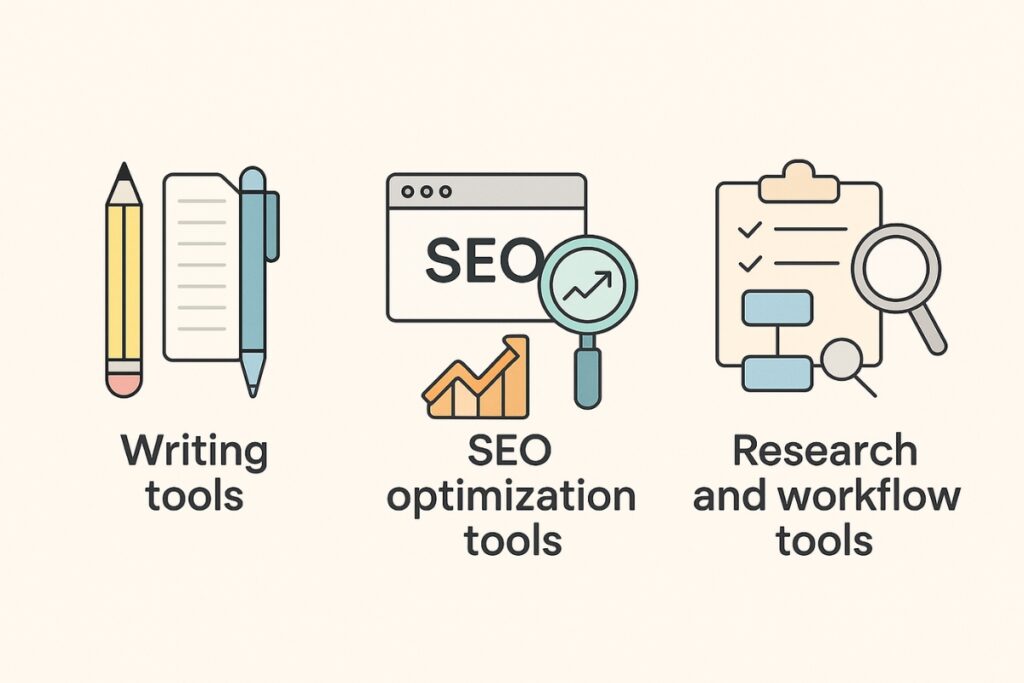 Infographic showing categories of AI tools for writing, SEO, and workflow support.