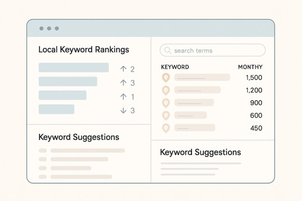 Local keyword research dashboard with ranking patterns and search terms.