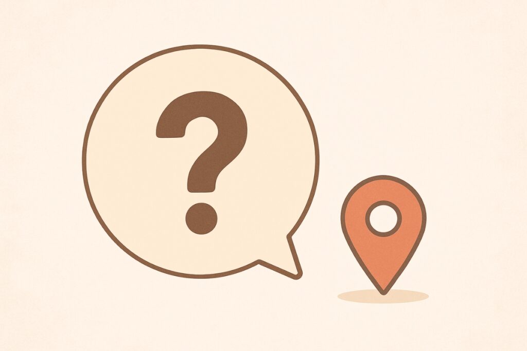 Minimal FAQ illustration with question bubble and local search icon.