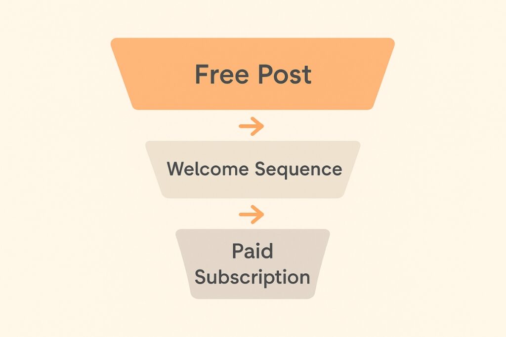 Minimal three step sales funnel graphic for Substack Free Post, Welcome Sequence, Paid Subscription.