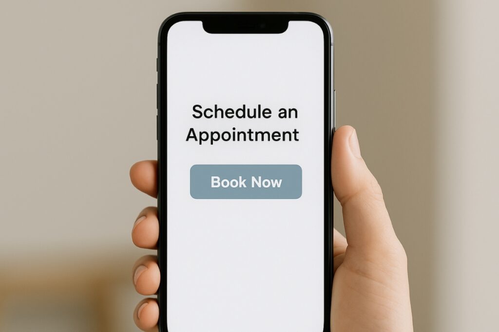 Phone screen with a simple online booking button for a local business.