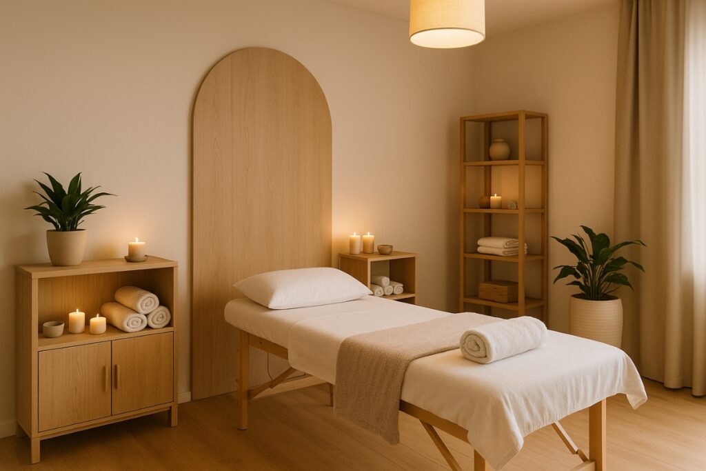 Setting up a relaxing massage therapy room at a local clinic.