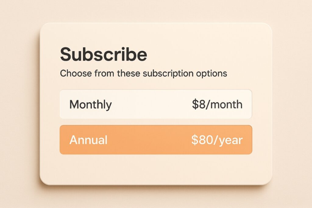 Simplified Substack-style subscription pricing model in a clean, minimalist design.