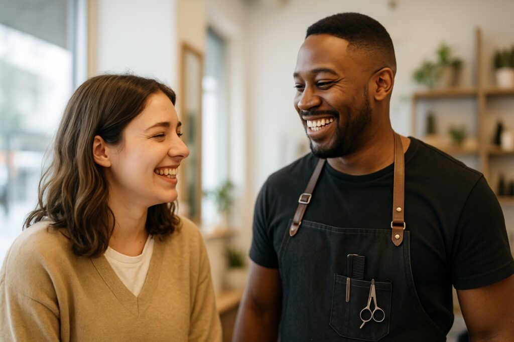 Smiling customer with service provider representing real positive feedback.