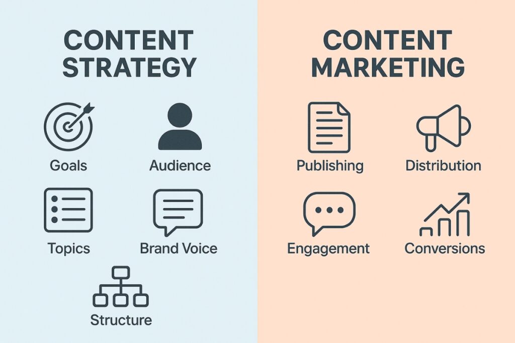 Content Strategy vs. Content Marketing: Key Differences Split-screen comparison showing content strategy elements like goals, audience, topics, brand voice, and structure alongside content marketing actions like publishing, distribution, engagement, etc