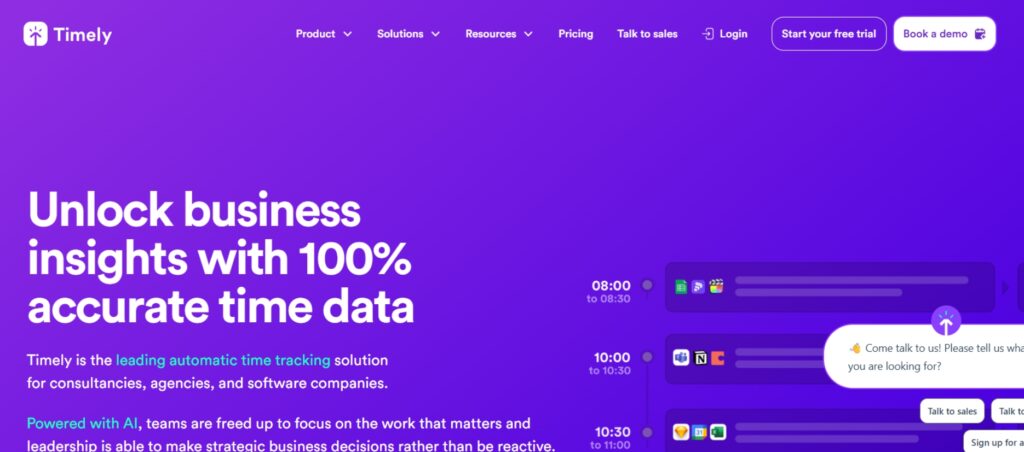 Timely AI-powered automatic time tracking software homepage, included in a review of the best time tracking apps.